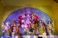 Idols of Hindu Goddess Maa Durga with her childrens in a pandal beautifully decorated during the Durga Puja festival Royalty Free Stock Photo