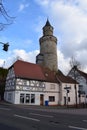 Idstein, Germany - 02 04 2023: old town street with the witch tower above, Hexenturm Royalty Free Stock Photo