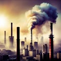 Idustrial factories air pollution bird view, created with generative AI technology Royalty Free Stock Photo