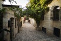 Idylic empty side street of some old town with climbers and flowers hanging from stone walls of cosy buildings. Narrow passage