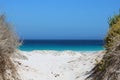 Idylilc beach scene between the dunes with sea towards the horizon Royalty Free Stock Photo