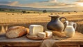 An idyll of rural delights the enchanting wooden table in the middle of golden wheat fields Royalty Free Stock Photo