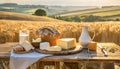 An idyll of rural delights the enchanting wooden table in the middle of golden wheat fields Royalty Free Stock Photo