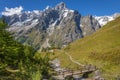 Landscape of Aosta valley near Mont Blanc massif with river and bridge, Italy Royalty Free Stock Photo