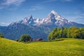 Idyllic alpine landscape with green meadows, farmhouses and snowcapped mountain tops