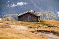 Wooden cottage in dolomities alps Italy