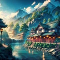 calming anime background generative AI Royalty Free Stock Photo