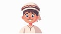 An idyllic Arab kid in Arabic headwear. A cute cheerful Moslem boy wearing traditional Muslim attire, Islamic hat, and