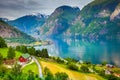 Aurlandsfjord and village at sunset, Norway, Northern Europe