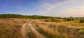 Idyllic autumn rural panorama with and a country track across a meadow with dry grass and hay. Beautiful evening scene, peaceful