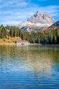 Idyllic autumnal landscape at Lake Misurina, Auronzo di Cadore, Veneto, Italy. Royalty Free Stock Photo