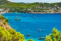 Idyllic bay with boats at Camp de Mar, Majorca Spain. Royalty Free Stock Photo