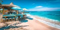 Idyllic beach bar with stools and umbrellas on sandy shore offering a tranquil place for relaxation and socializing with a view of