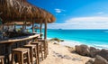 Idyllic beach bar with stools and umbrellas on sandy shore offering a tranquil place for relaxation and socializing with a view of