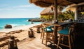 Idyllic beach bar with stools and umbrellas on sandy shore offering a tranquil place for relaxation and socializing with a view of