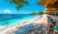 Idyllic beach bar with stools and umbrellas on sandy shore offering a tranquil place for relaxation and socializing with a view of