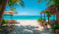 Idyllic beach bar with stools and umbrellas on sandy shore offering a tranquil place for relaxation and socializing with a view of