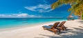 Idyllic beach paradise with palm leaves and flowers framing two sun loungers on white sand, generative AI Royalty Free Stock Photo