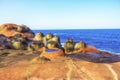 beach scene featuring a shoreline with large rocks and blue water: Taiwan Yehliu Natural Landscape