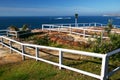Picturesque and amazing oceanside landscape with grass and white wood fences on cliff by sea in Sydney, Australia