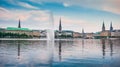 Idyllic Binnenalster in golden evening light at sunset, Hamburg, Germany