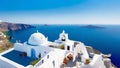 The idyllic blue and white belfries of Santorini Island, Greece.