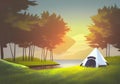 Idyllic Camping by the Lake: A Serene Park at Dawn with a White Tent, Towering Trees, and Verdant Grass