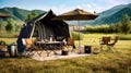 Idyllic camping: tent, table, chairs and more in breathtaking mountain scenery - Generative AI