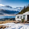 An idyllic caravan setup with chairs facing a stunning view of snow-capped mountains, great for outdoorsy holidaymakers and