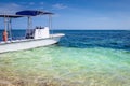 Idyllic caribbean beach with motorboat, Negril Seven Mile Beach, Jamaica Royalty Free Stock Photo