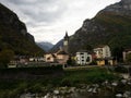 Idyllic charming town rock stone houses village Bignasco Maggia and Bavona river in Vallemaggia Ticino Switzerland alps