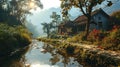 Idyllic Chinese village and countryside view with small river, mountains and forest Royalty Free Stock Photo