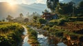 Idyllic Chinese village and countryside view with small river, mountains and forest Royalty Free Stock Photo