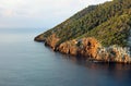 Idyllic coastal area of balearic island Ibiza with wooden cliffs