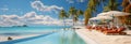 Idyllic coastal getaway: luxurious resort with pool, beach loungers, and umbrellas