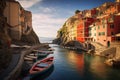 Idyllic coastal Mediterranean village tranquil seascape. Fishing boats in a narrow bay surrounded by colorful houses at dawn