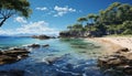 Idyllic coastline with blue waves, sandy beach generated by AI