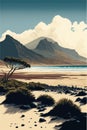 Idyllic coastline landscape with mountains and waves on the shore. Maritime drawing. Generatie AI