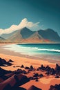 Idyllic coastline landscape with mountains and waves on the shore. Maritime drawing. Generatie AI