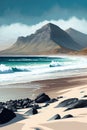 Idyllic coastline landscape with mountains and waves on the shore. Maritime drawing. Generatie AI