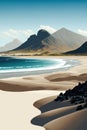 Idyllic coastline landscape with mountains and waves on the shore. Maritime drawing. Generatie AI