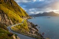Idyllic coastline road leading through the beautiful nature of Lofoten, Norway.