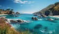 Idyllic coastline, turquoise waters, sunset, rock, and tranquil scene generated by AI