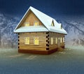 Idyllic cottage and window lighting at night snowfall Royalty Free Stock Photo