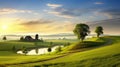 Idyllic Countryside Amidst Lush Green Fields Under Blue Sky. GenerativeAI Royalty Free Stock Photo