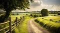 Idyllic Countryside Amidst Lush Green Fields Under Blue Sky. GenerativeAI Royalty Free Stock Photo