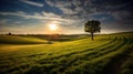 Idyllic Countryside Amidst Lush Green Fields Under Blue Sky. GenerativeAI Royalty Free Stock Photo