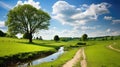 Idyllic Countryside Amidst Lush Green Fields Under Blue Sky. GenerativeAI Royalty Free Stock Photo