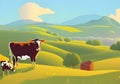 Idyllic Countryside Illustration with Grazing Cows and Blue Sky with White Clouds