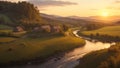 An idyllic countryside landscape at sunset, with rolling hills, a rustic farmhouse, and a winding river.